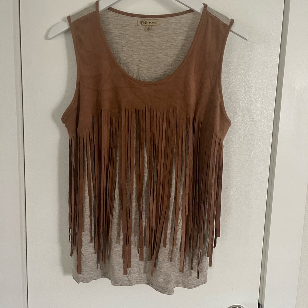 Democracy Tan and Brown Fringe Tank Top